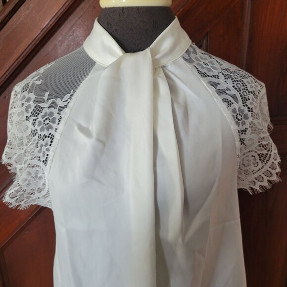 Elegant Shein White Blouse With Lace Sleeves & Tie Neck Design NWT - Picture 2 of 11